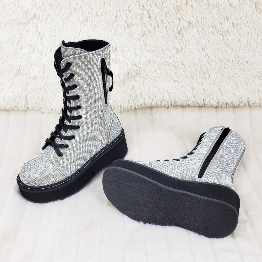 Super Sparkle Iridescent Rhinestone Platform Combat Mid Calf Boots 362 Emily - Picture 10 of 17